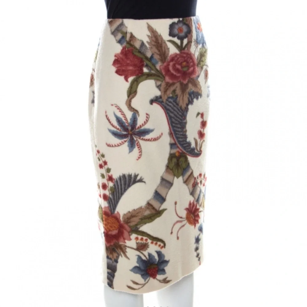 CAROLINA HERRERA FELTED WOOL BLEND PENCIL SKIRT CREAM/MULTI FLORAL SIZE 4 - Picture 4 of 9